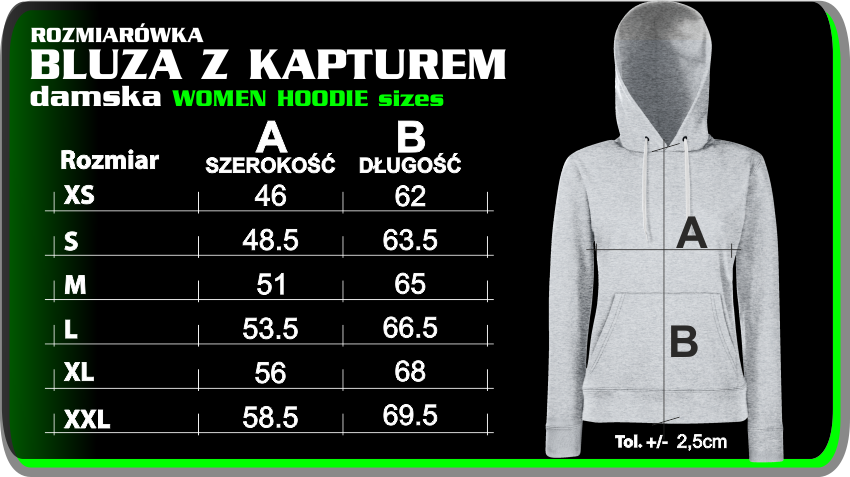 BLUZA KAPTUR DAMSKA - rozmiarowka